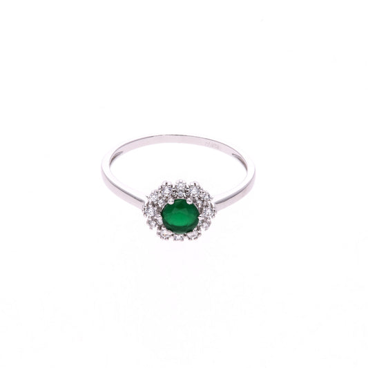 Anillo Plata Ley 925 con Rodio y Zirconia AAA Color Verde Esmeralda y Blanco Redondo