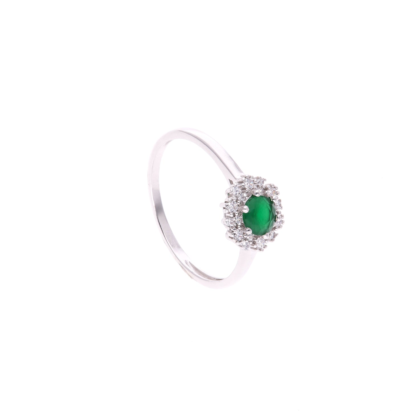Anillo Plata Ley 925 con Rodio y Zirconia AAA Color Verde Esmeralda y Blanco Redondo