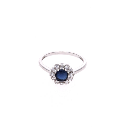 ANILLO  EN PLATA LEY .925, CON RODIO , ZIRCONIA AAA   AZUL ZAFIRO Y BLANCO, REDONDO