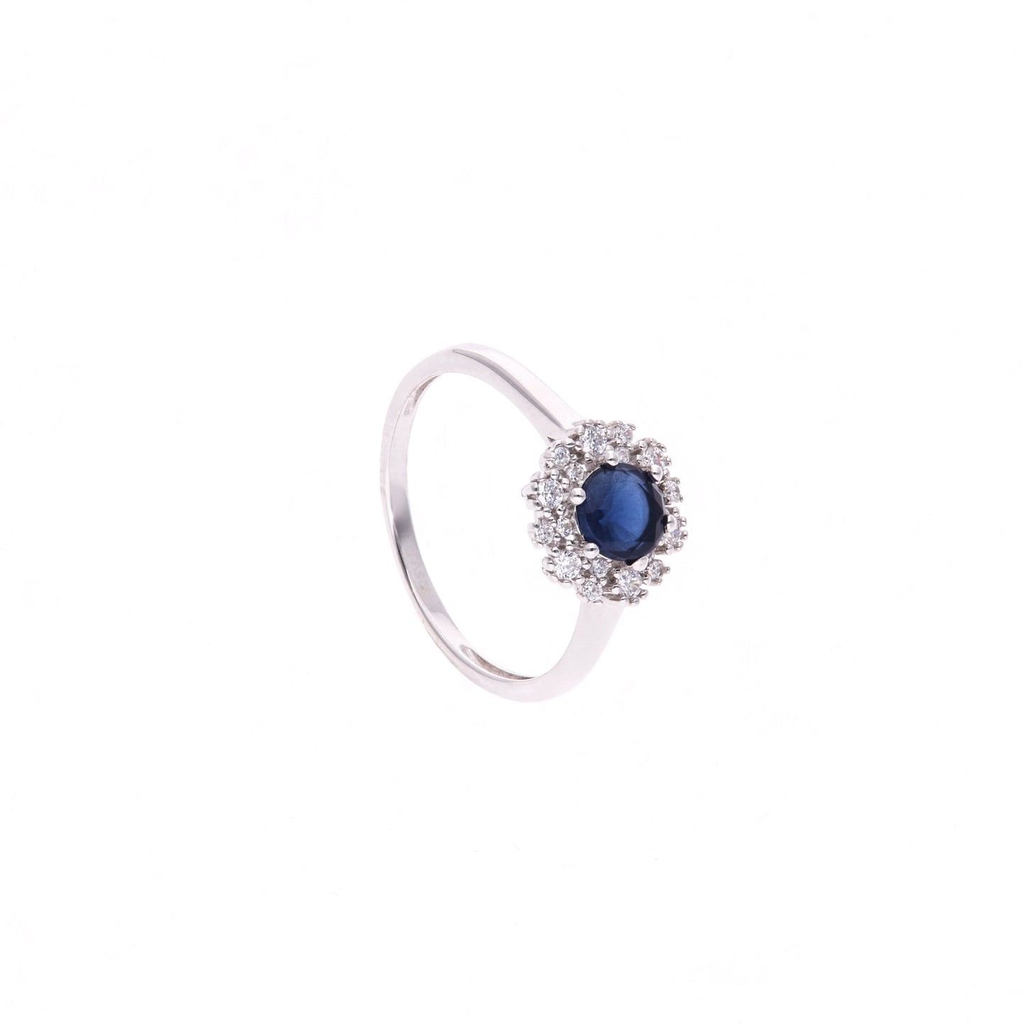 ANILLO  EN PLATA LEY .925, CON RODIO , ZIRCONIA AAA   AZUL ZAFIRO Y BLANCO, REDONDO