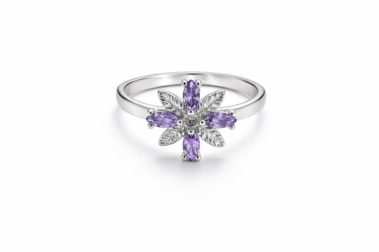 Anillo de Plata .925 - Flor de Ocho Pétalos con Zircones Marquesa Morado Amatista y Pétalos Hoja