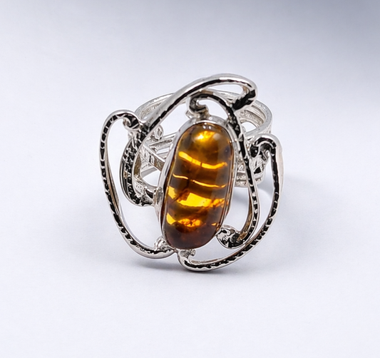 Anillo de Plata .925 - Cóctel Art Nouveau Orgánico Calado con Ámbar Natural Chiapaneco — Taxco Artesanal