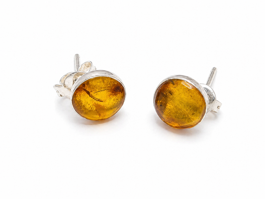 Aretes de Plata .925 - Botón Ovalados con Ámbar Natural de Chiapas Color Miel Dorado en Cabujón y Engaste de Bisel — Artesanía Taxco