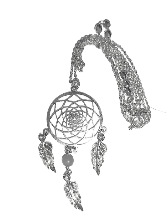 Collar de Plata .925 - Atrapasueños Calado con Tela de Araña en Espiral y Plumas Colgantes