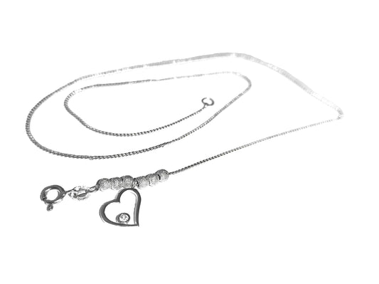 Collar de Plata .925 - Cadena Espiga con Esferas Satinadas y Dije Corazón Calado con Zircón