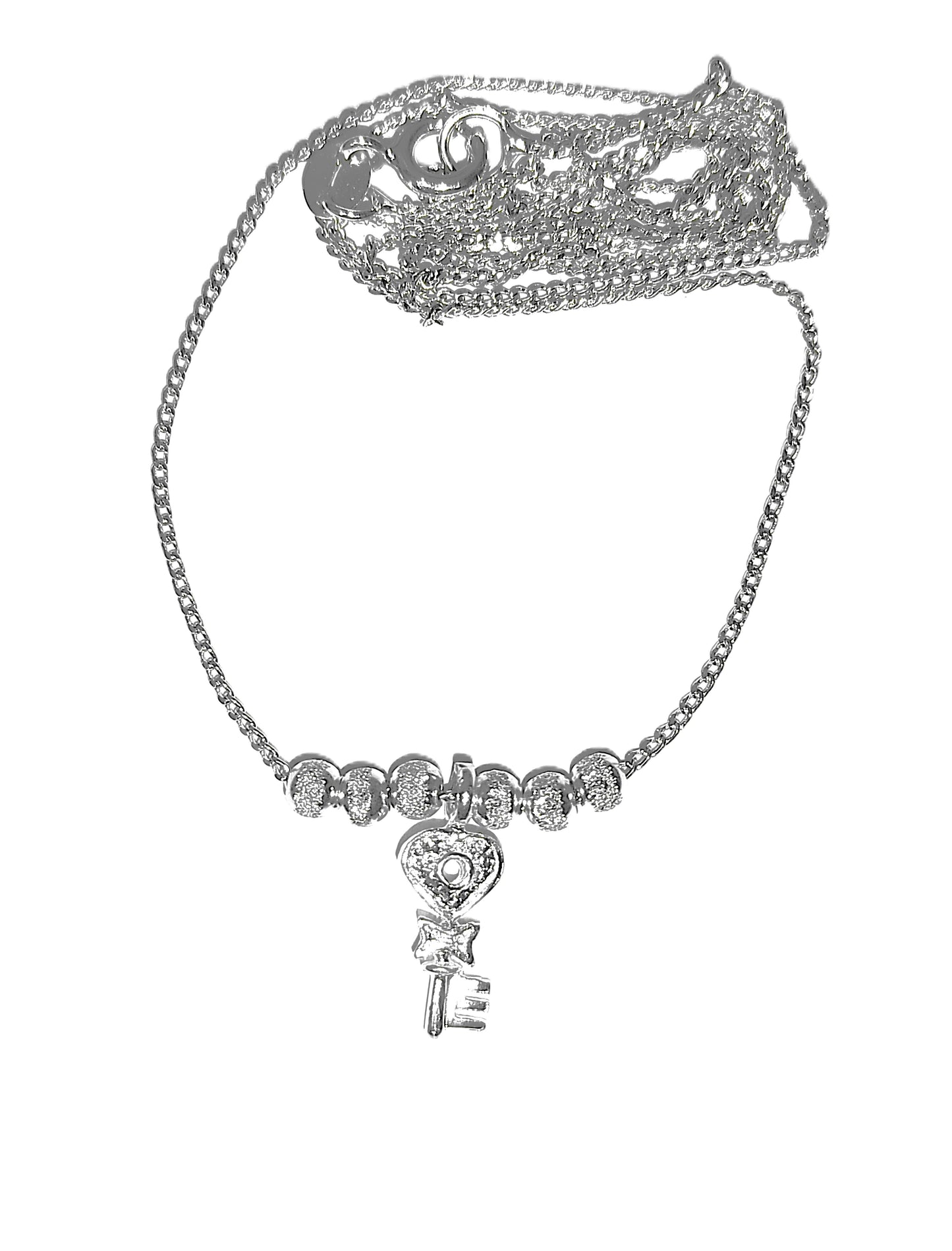 Collar de Plata .925 - Cadena Grumetta con Esferas Satinadas y Dije Llave Corazón con Filigrana y Perla