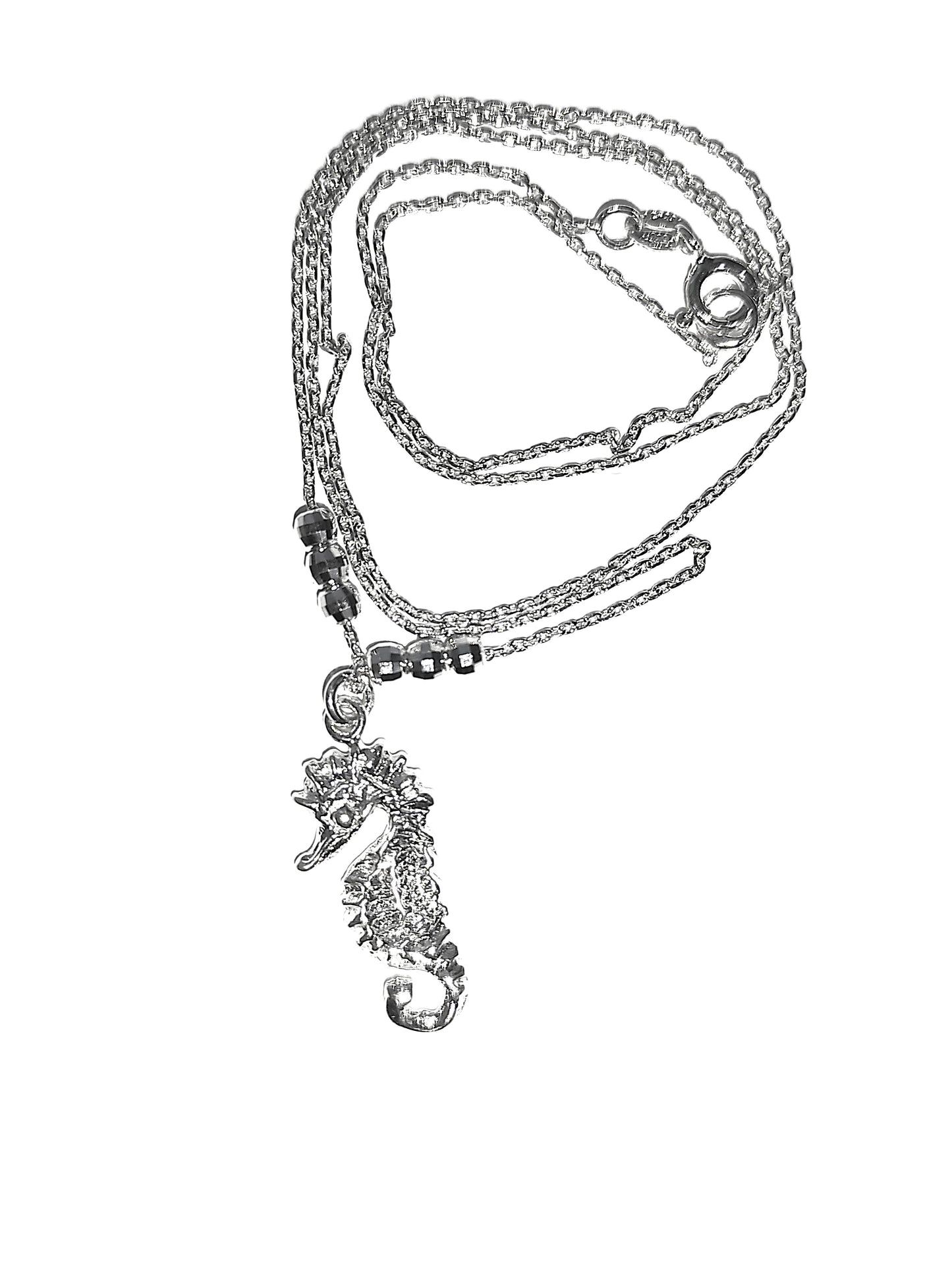 Collar de Plata .925 - Cadena Veneciana Doble con Cubos en Rodio Negro y Dije Caballito de Mar