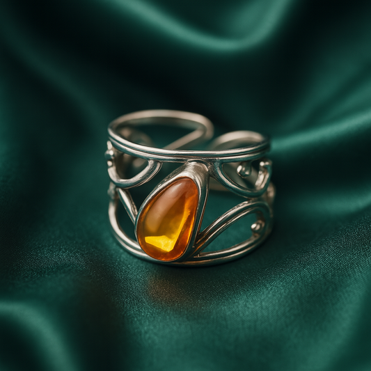 Anillo Plata 925 Ajustable con Ámbar Diseño 10 Mayoreo