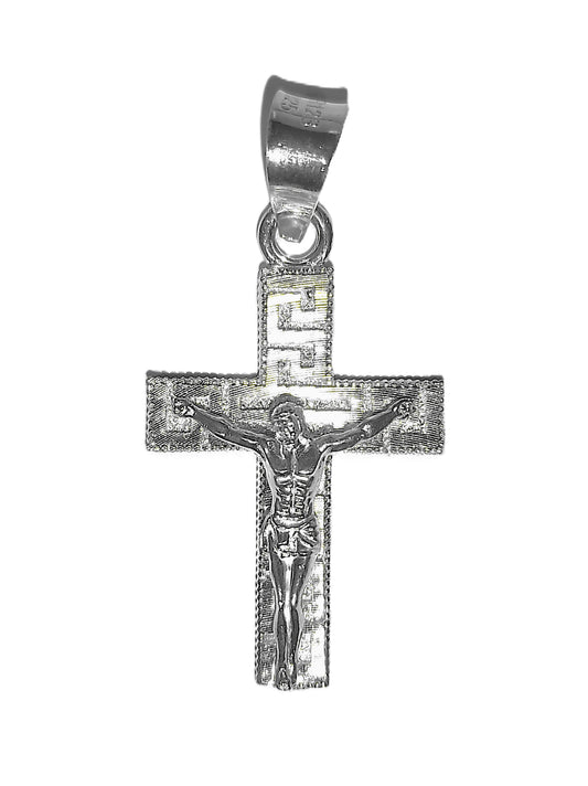 Crucifijo de Plata .925 - Borde Milgrain con Fondo Greca Meandro y Cristo en Altorrelieve