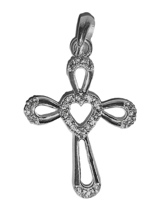 Dije de Plata .925 - Cruz Calada con Brazos en Lazo y Corazón Calado con Zircones Pavé
