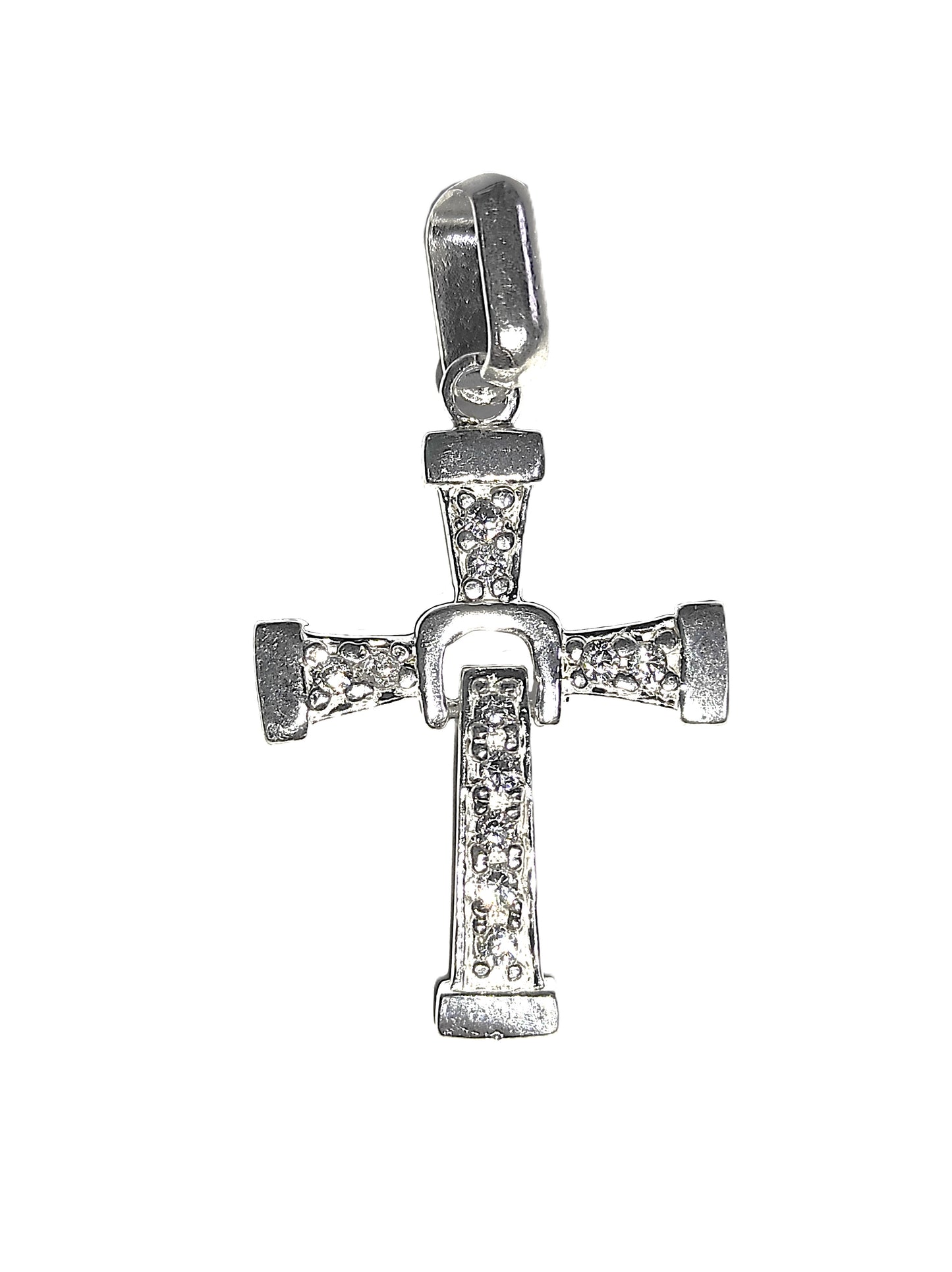 Dije de Plata .925 - Cruz Estilo Clavo con Brazos Cónicos y Zircones Pavé