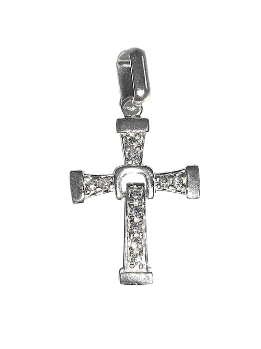 Dije de Plata .925 - Cruz Estilo Clavo con Brazos Cónicos y Zircones Pavé