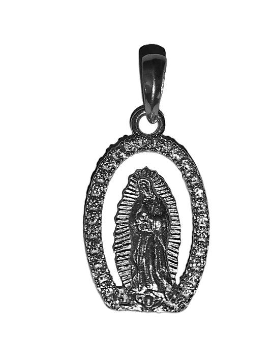 Dije de Plata .925 - Virgen de Guadalupe Marco Oval Calado con Zircones y Rodio Negro
