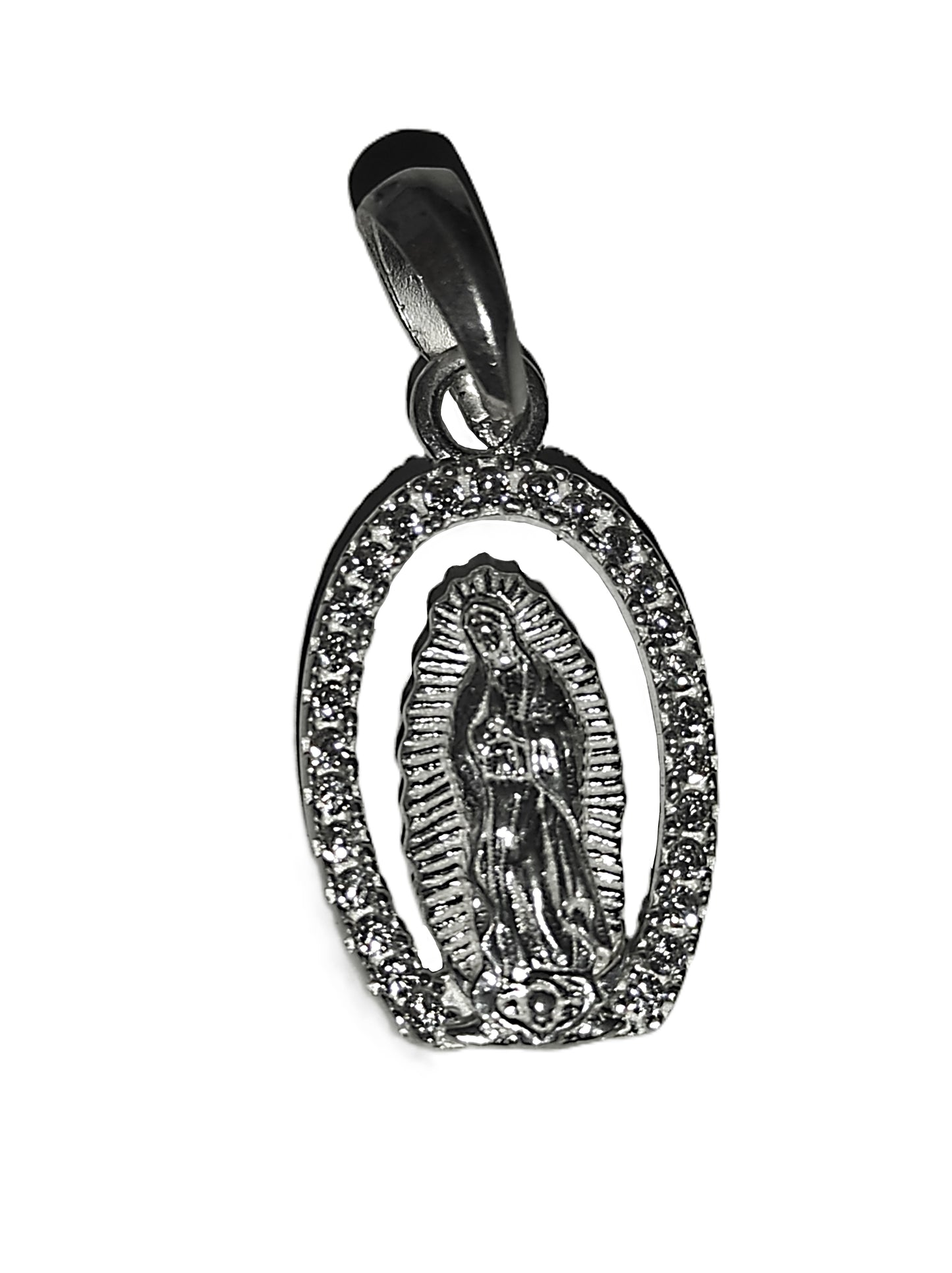 Dije de Plata .925 - Virgen de Guadalupe Marco Oval con Zircones Negros y Rodio Negro