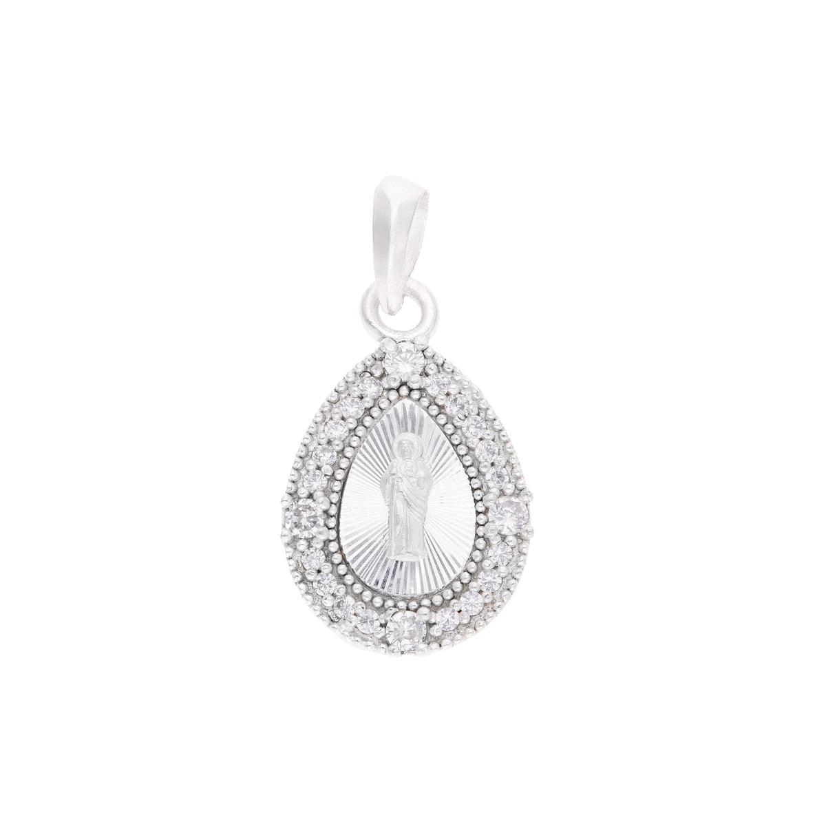 Dije de San Judas Tadeo en plata .925 con circonias y forma de gota