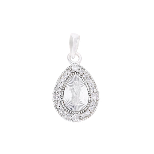 Dije de San Judas Tadeo en plata .925 con circonias y forma de gota