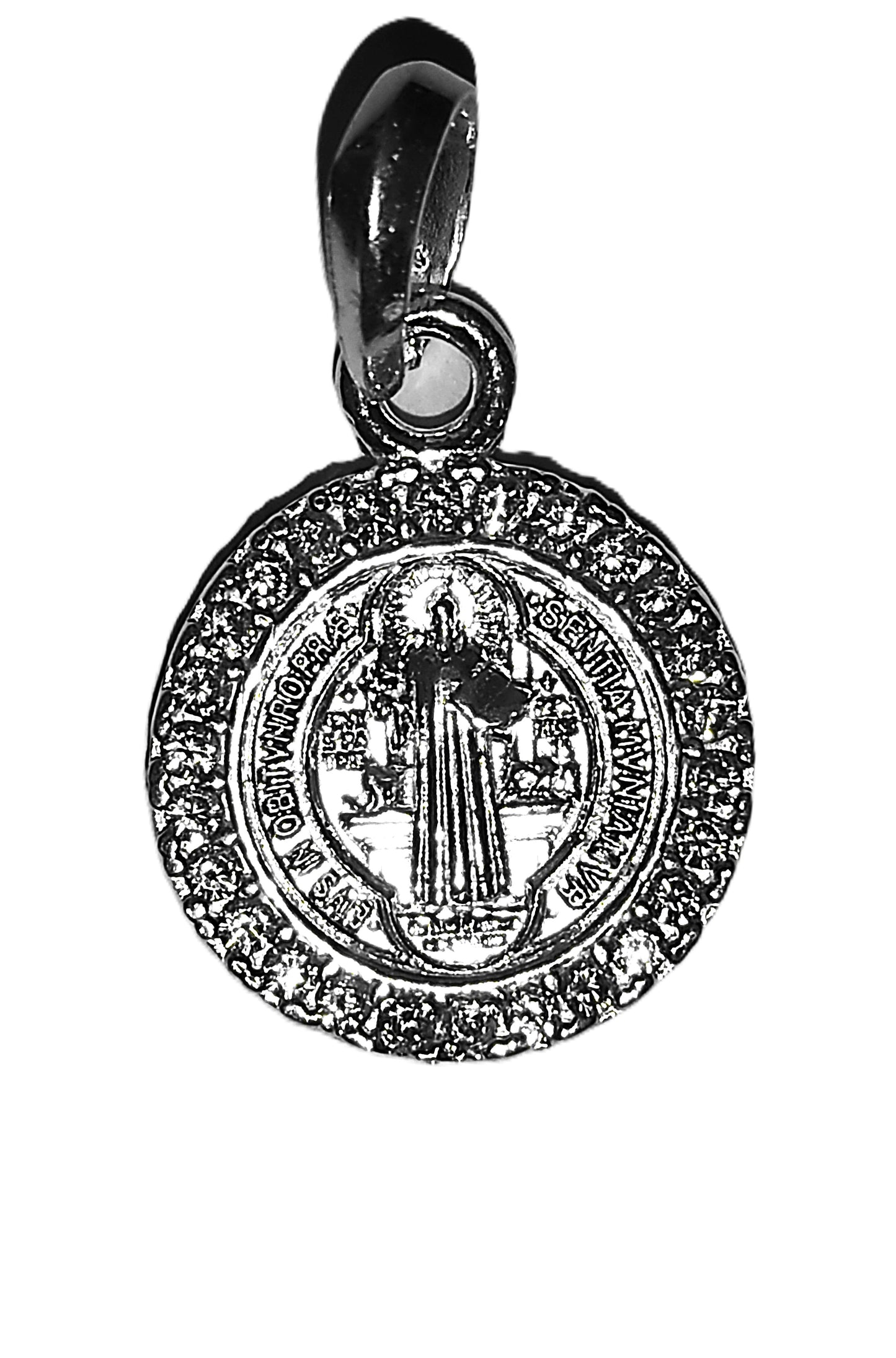 Medalla de Plata .925 - San Benito Redonda con Zircones Pavé y Rodio Negro
