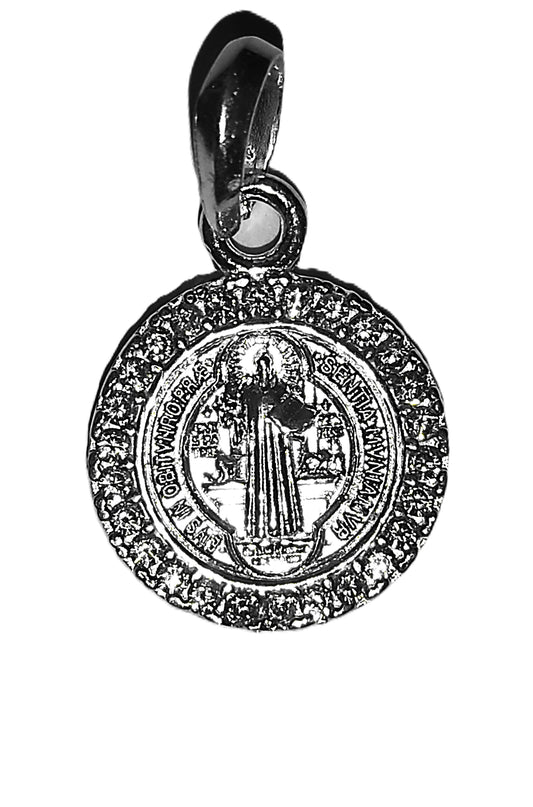 Medalla de Plata .925 - San Benito Redonda con Zircones Pavé y Rodio Negro