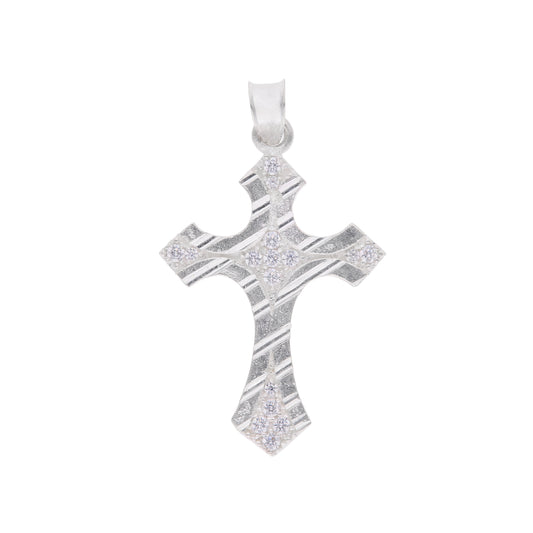 Dije cruz patada satinada con estrías diagonales y zircones en plata .925 — Taxco, Guerrero