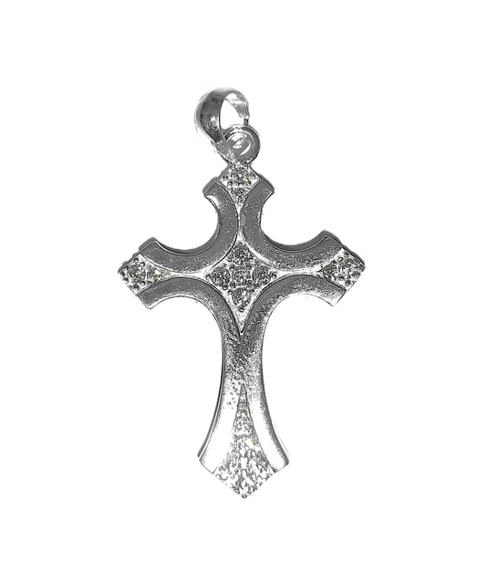 Dije de Plata .925 - Cruz Gótica Patada con Textura Granulada y Zircones Pavé