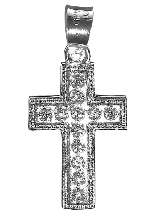Dije de Plata .925 - Cruz Bizantina con Milgrain, Zircones en Garra y Fondo Satinado