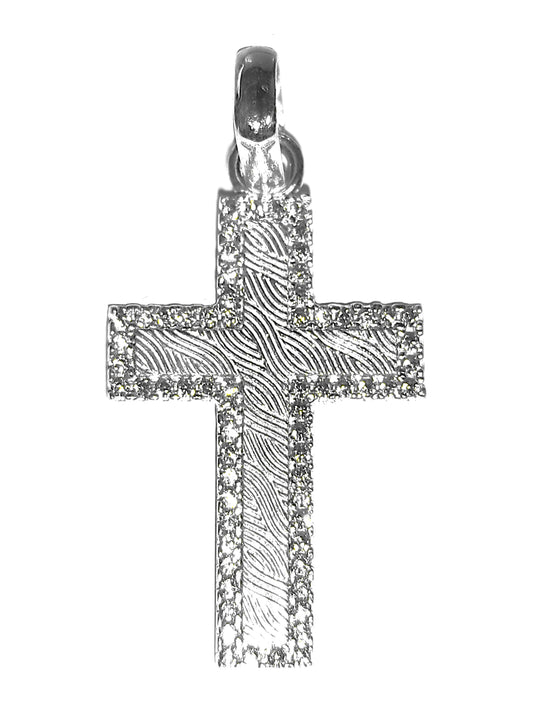 Dije de Plata .925 - Cruz con Textura Huella Dactilar y Doble Fila de Zircones Pavé