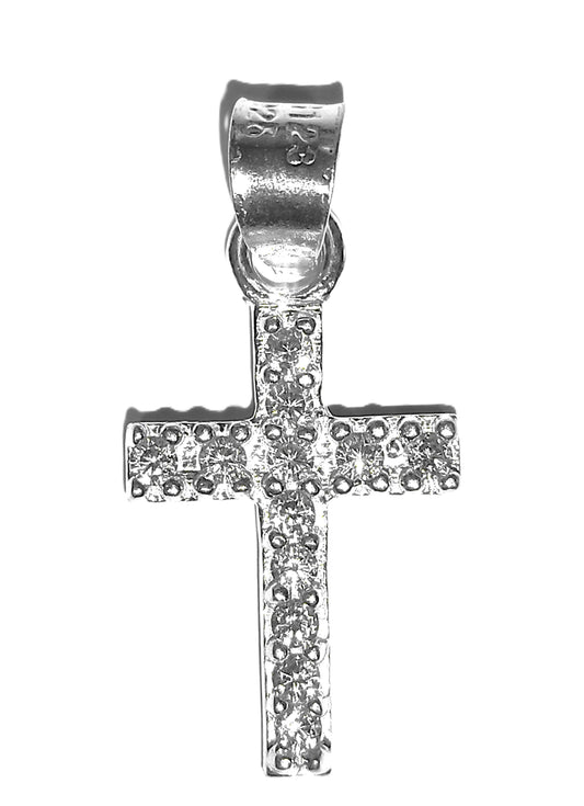 Dije de Plata .925 - Cruz Minimalista con Pavé de Doble Fila de Zircones Blancos