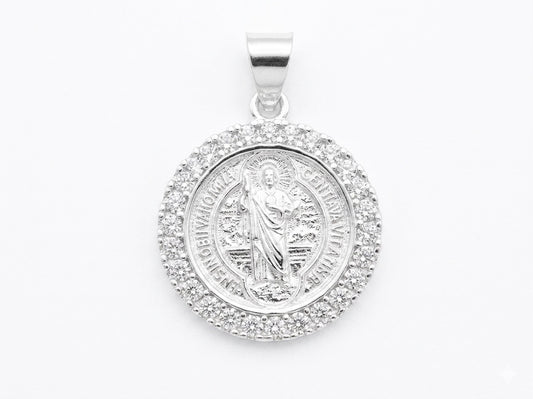 Medalla de Plata .925 - San Benito Redonda con Zircones Blancos Pavé
