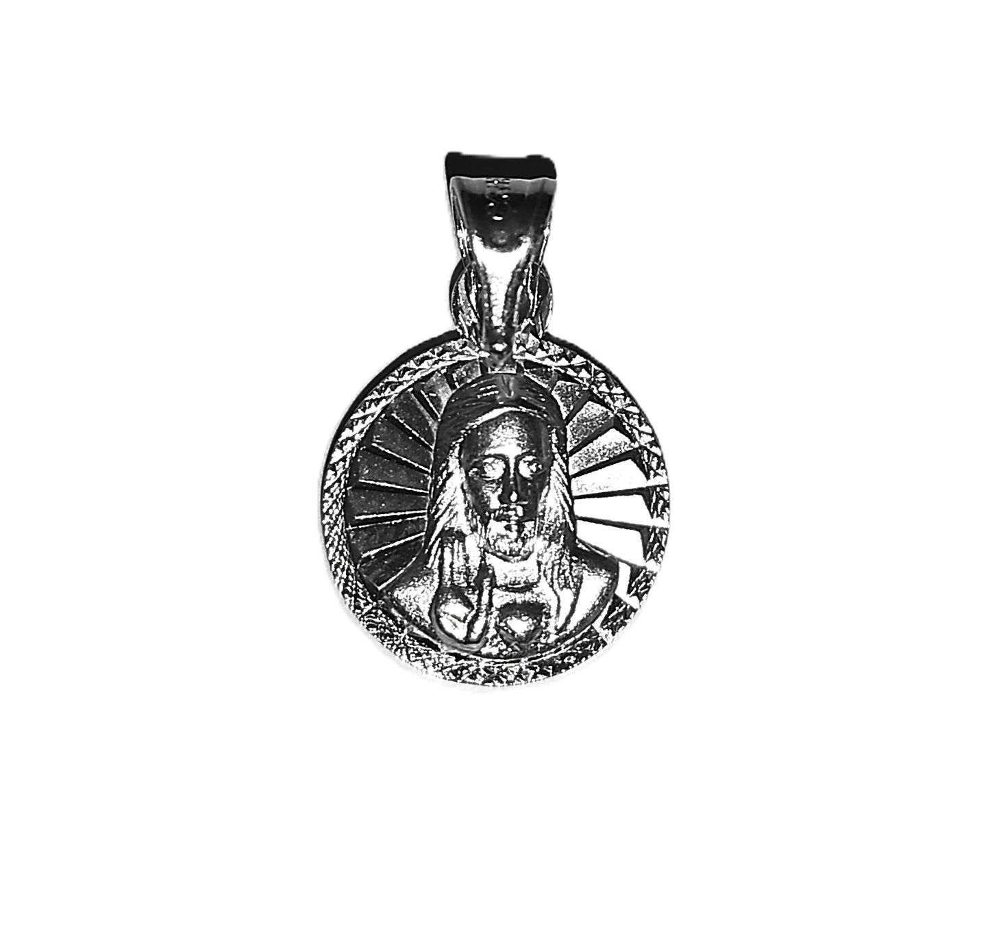 Medalla de Plata .925 - Sagrado Corazón de Jesús Redonda con Rayos de Gloria