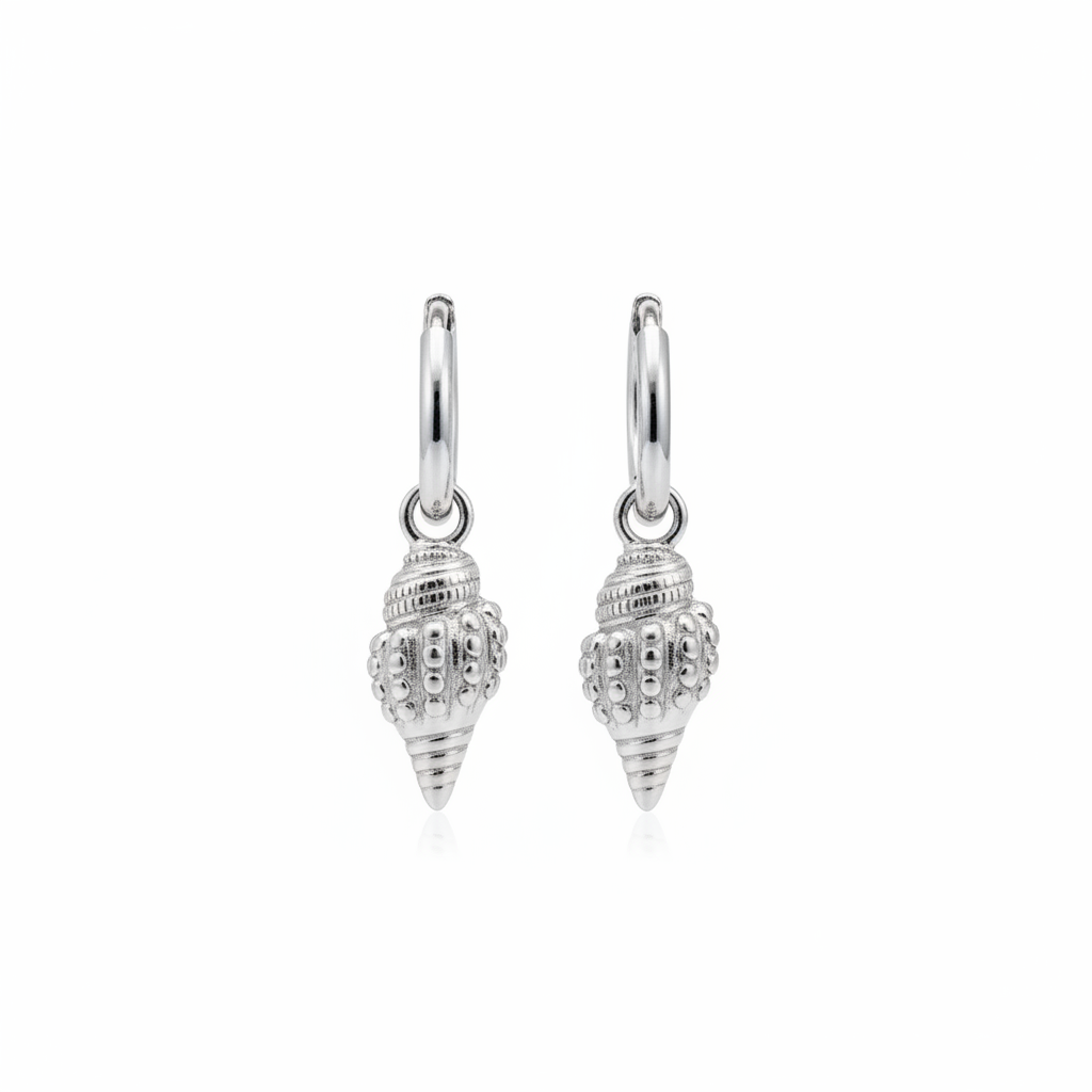Aretes argolla de plata .925 con dije de caracol cónico texturizado con esferas en relieve y espiral acanalada