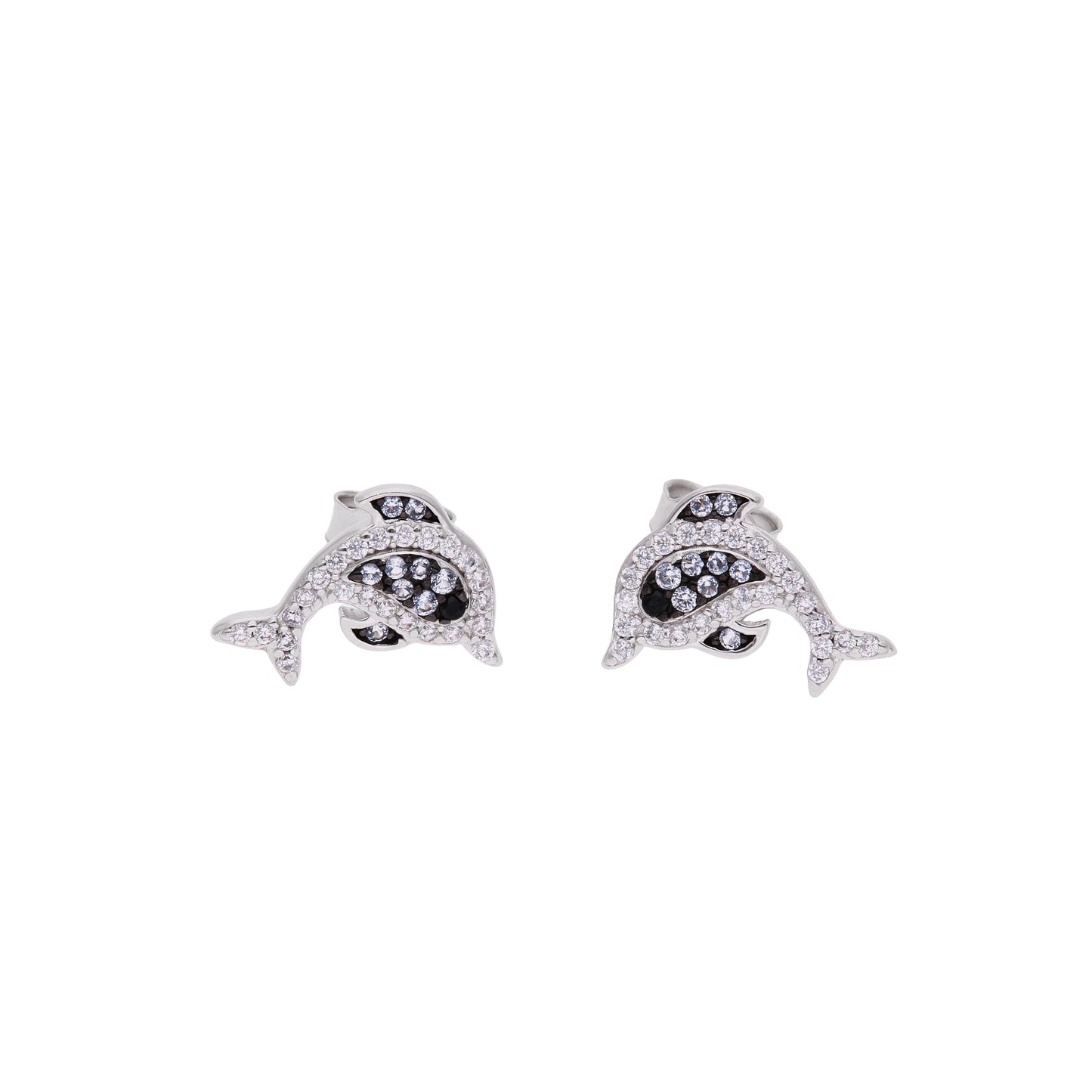 Aretes Delfín con Zircones Blancos y Negros — Plata .925