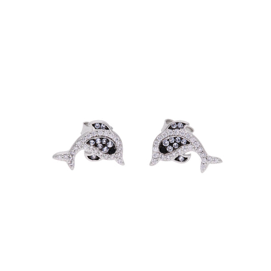 Aretes Delfín con Zircones Blancos y Negros — Plata .925