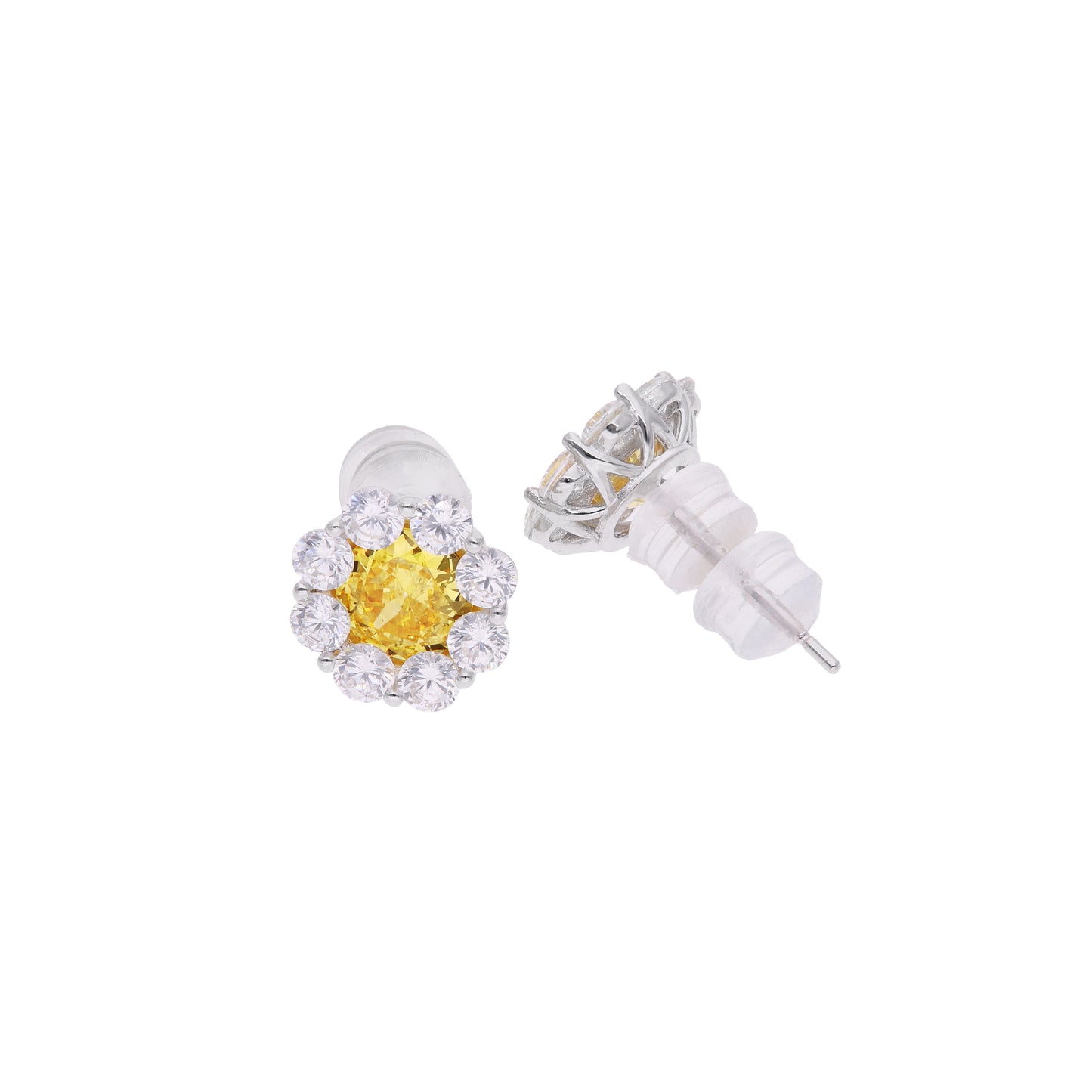 Aretes Flor Halo con Zircón Amarillo — Plata .925