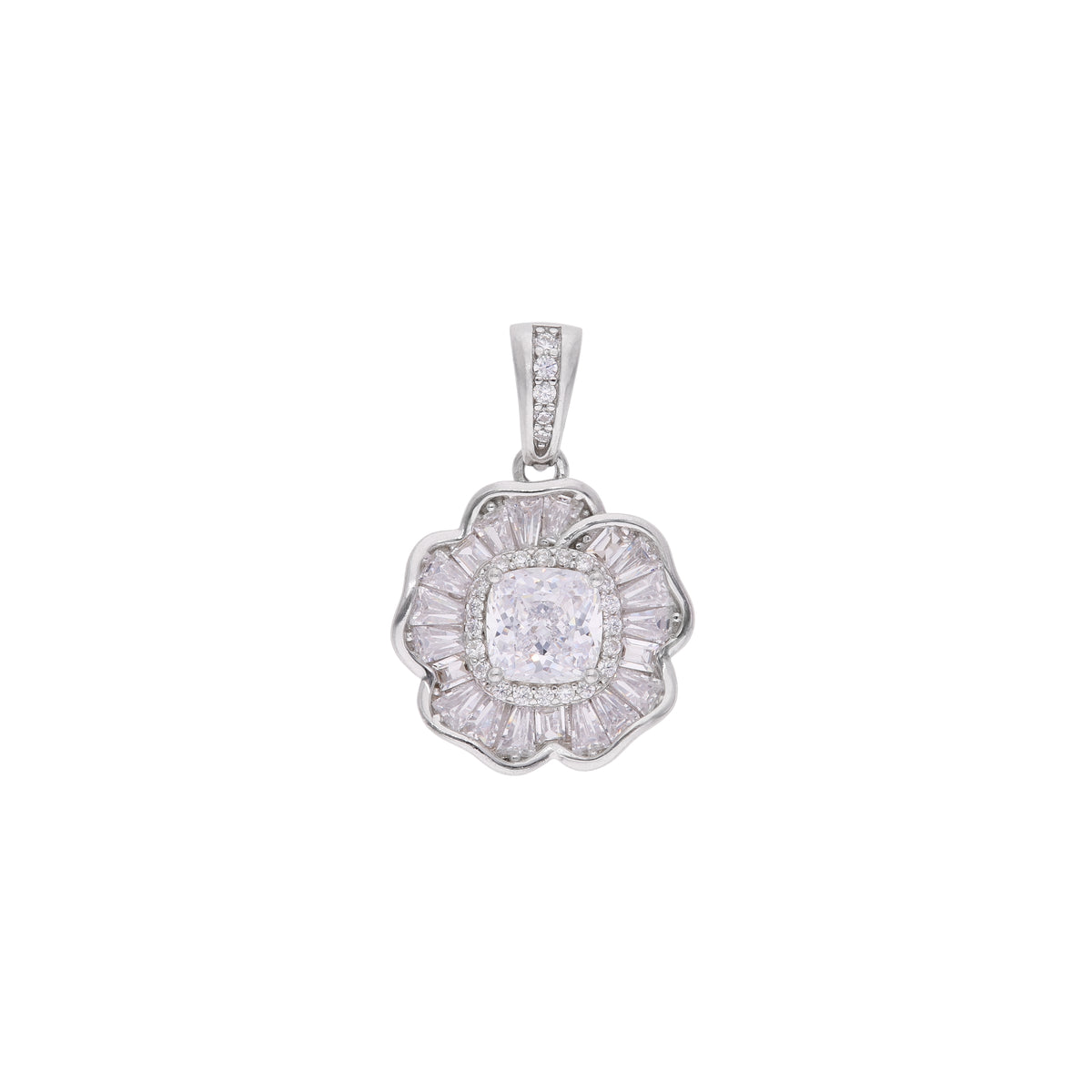 Dije Flor Art Déco con Zircón Blanco Cushion y Baguettes — Plata .925
