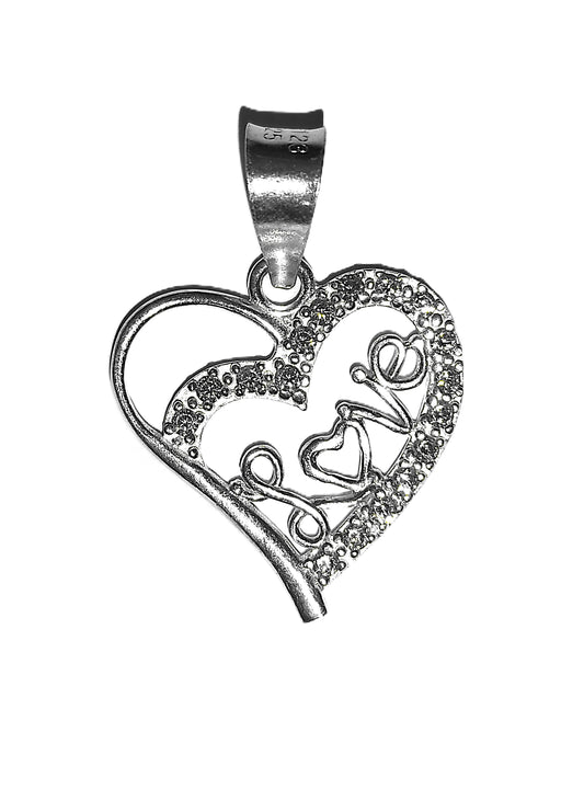 Dije de Plata .925 - Corazón Calado con Inscripción LOVE y Zircones Pavé