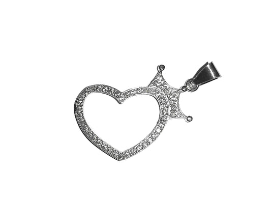 Dije de Plata .925 - Corazón Calado con Corona y Pavé Completo de Zircones Blancos