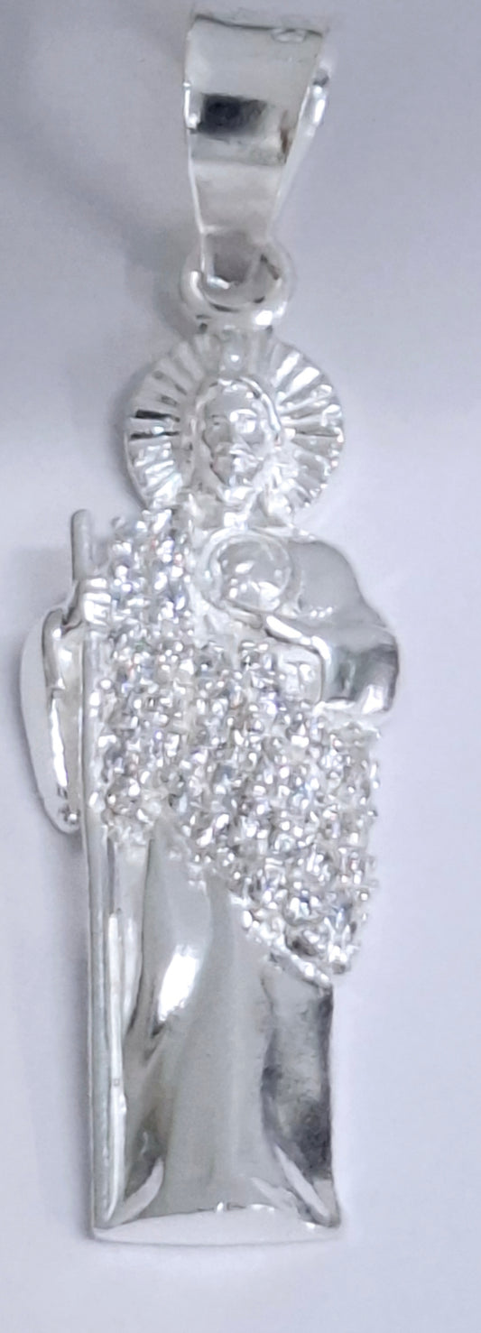 Dije de Plata .925 Forma San Judas Tadeo con topacio blanco DRP056 - Joyería Religiosa