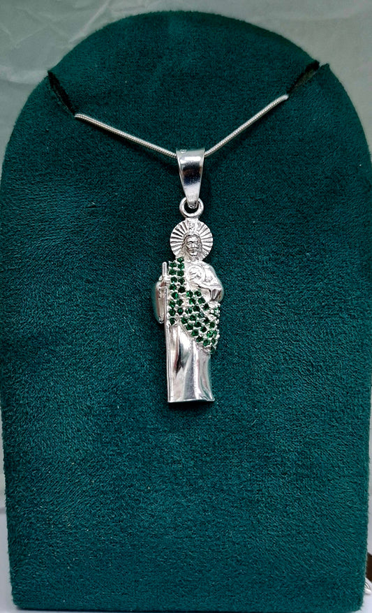 Dije de Plata .925 Forma San Judas Tadeo con topacio verde Mod.  DRP056VER - Joyería Religiosa