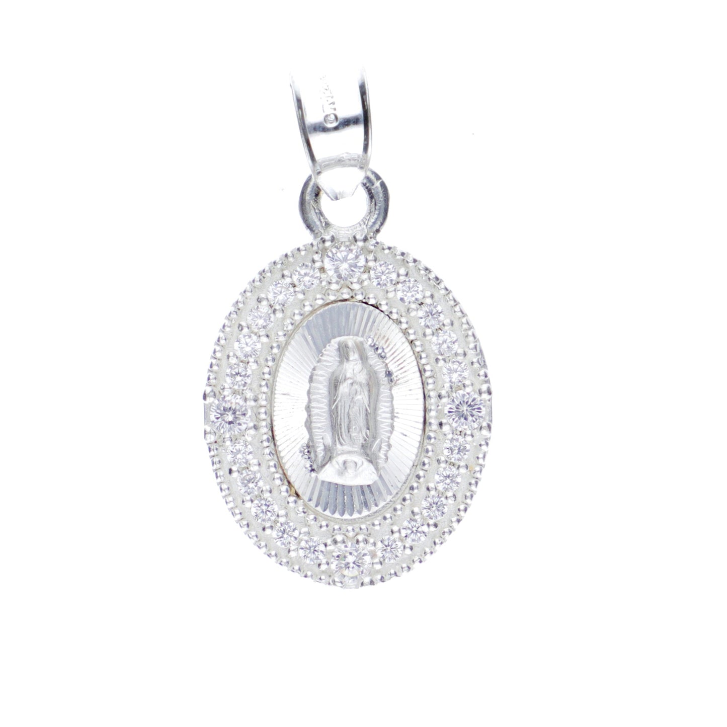 Dije  de Plata .925 en diseño de la  Virgen de Guadalupe con topacio blanco , Mod. DRP029LP - Joyería Religiosa