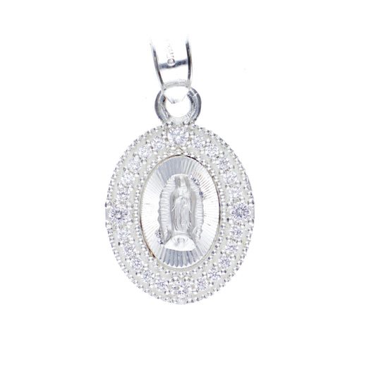 Dije  de Plata .925 en diseño de la  Virgen de Guadalupe con topacio blanco , Mod. DRP029LP - Joyería Religiosa