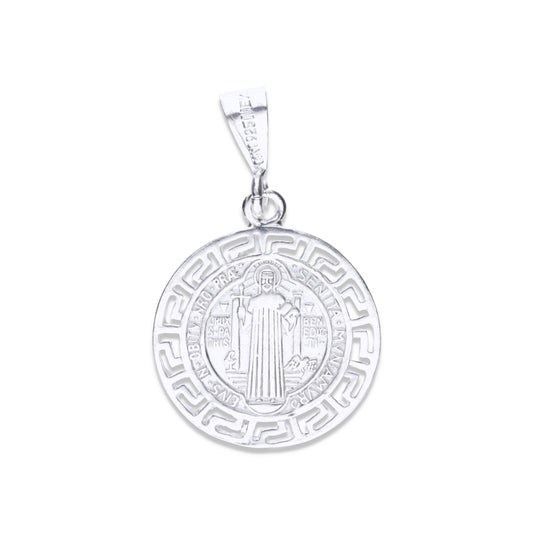 Dije Plata .925 Medalla San Benito con Borde Griego Mediano 2.2 Gramos - Joyería Religiosa