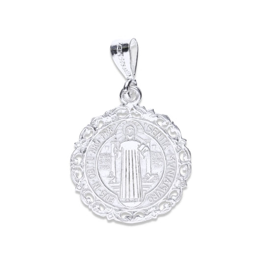 Dije Plata .925 Medalla San Benito Grande con Borde Elaborado 3.4 Gramos - Joyería Religiosa