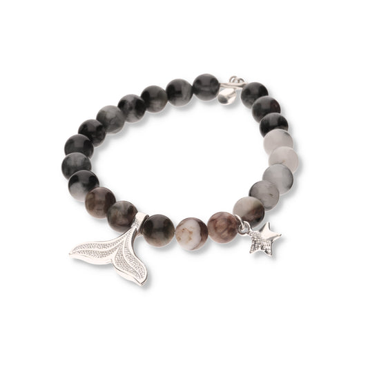 Pulsera de Jaspe Gris con Dijes de Plata .925 - Cola de Ballena y Estrella de Mar