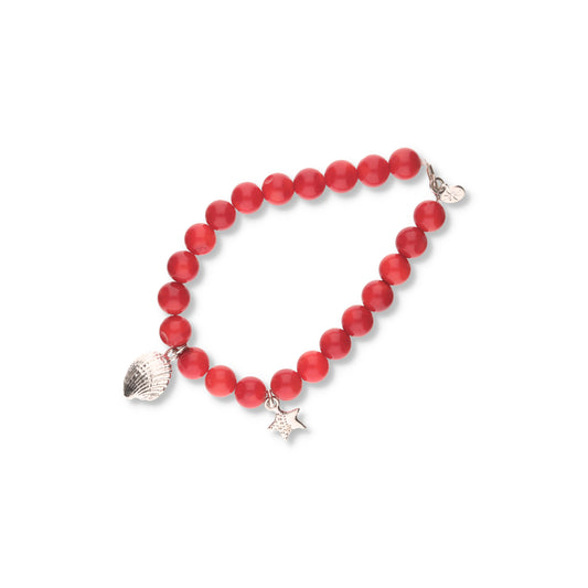 Pulsera de Ojo de Gato Rojo con Dijes de Plata .925 - Concha y Estrella de Mar