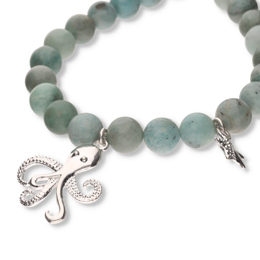 Pulsera de Amazonita con Dijes de Plata .925 - Pulpo y Tiburón