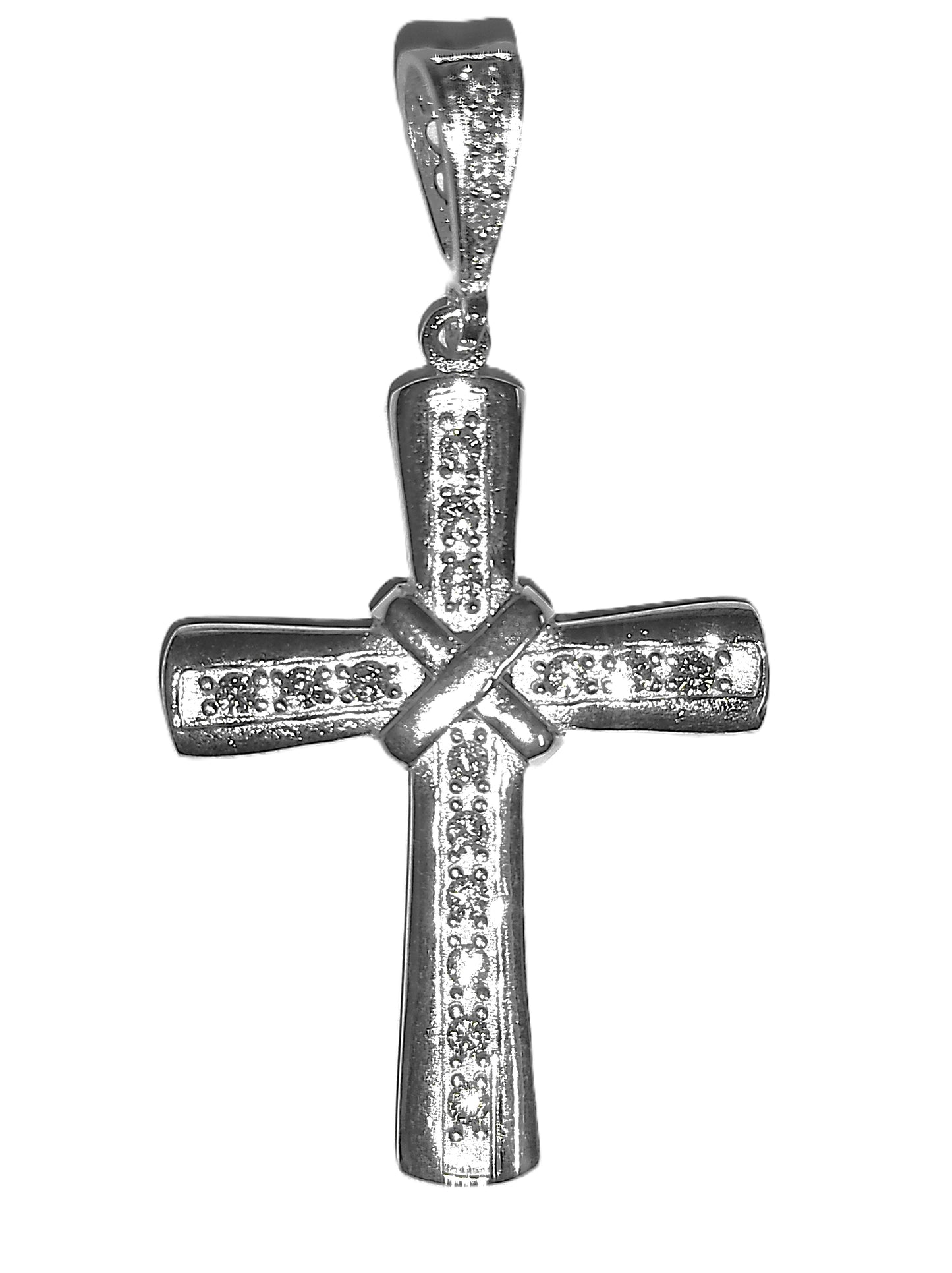 Dije de Plata .925 - Cruz Tubular con Nudo en X y Zircones Pavé en Rodio Negro