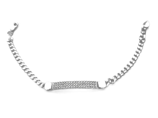 Pulsera de Plata .925 - Cadena Grumetta Ancha con Placa ID Rectangular y Pavé Completo de Zircones
