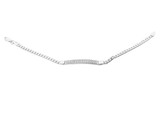 Pulsera de Plata .925 - Cadena Grumetta Fina con Placa ID Rectangular y Pavé de Zircones en Dos Filas