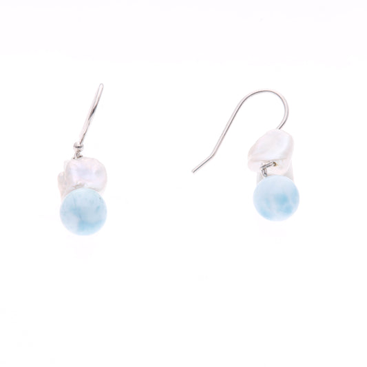 Arete Colgante Perla y Larimar en Plata .925