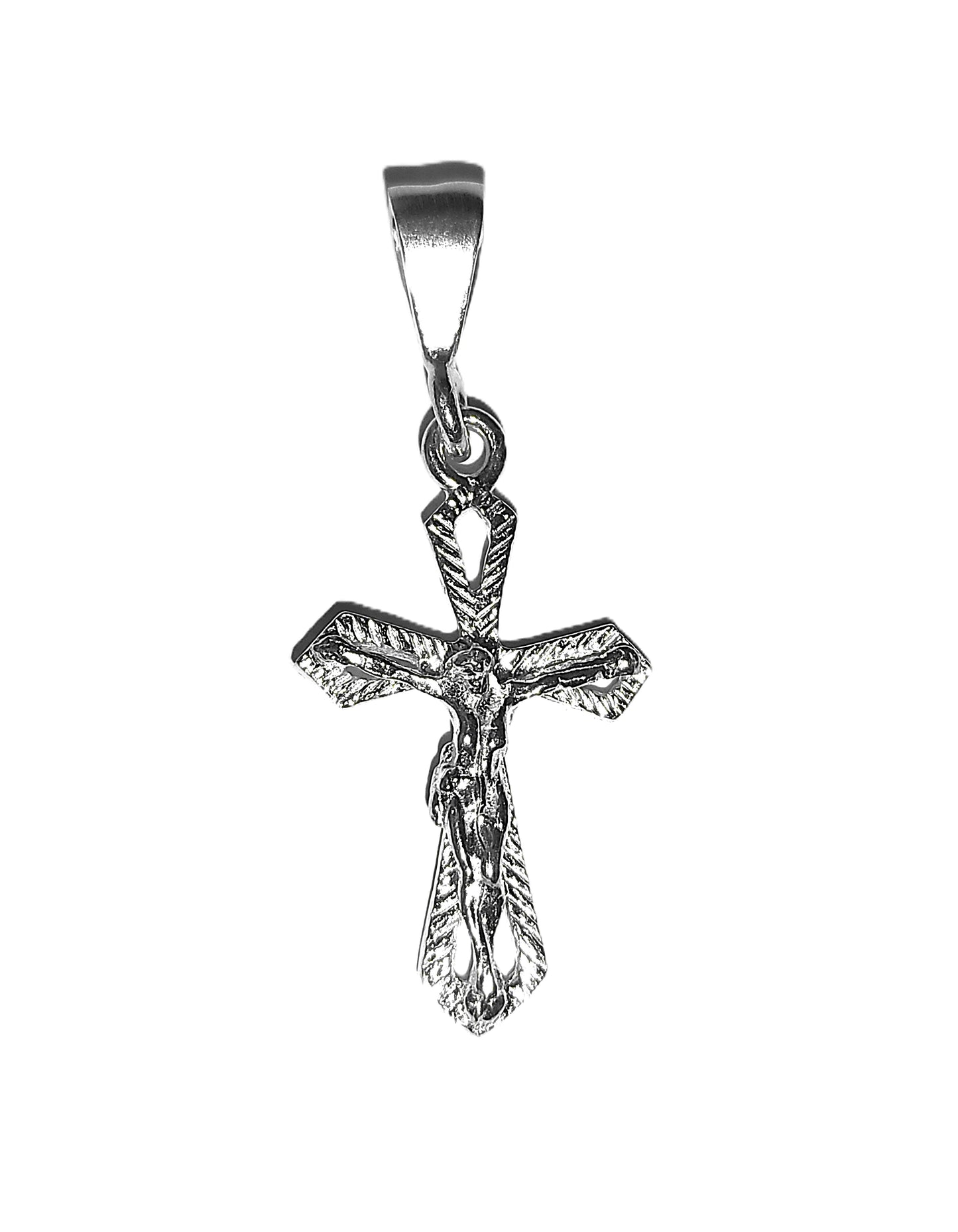Dije de Plata .925 - Crucifijo Brazos Biselados Punta Diamante con Textura de Hojas